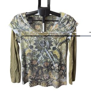 Women's Unity World Wear green shirt tunic top size Medium Floral Rhinestones